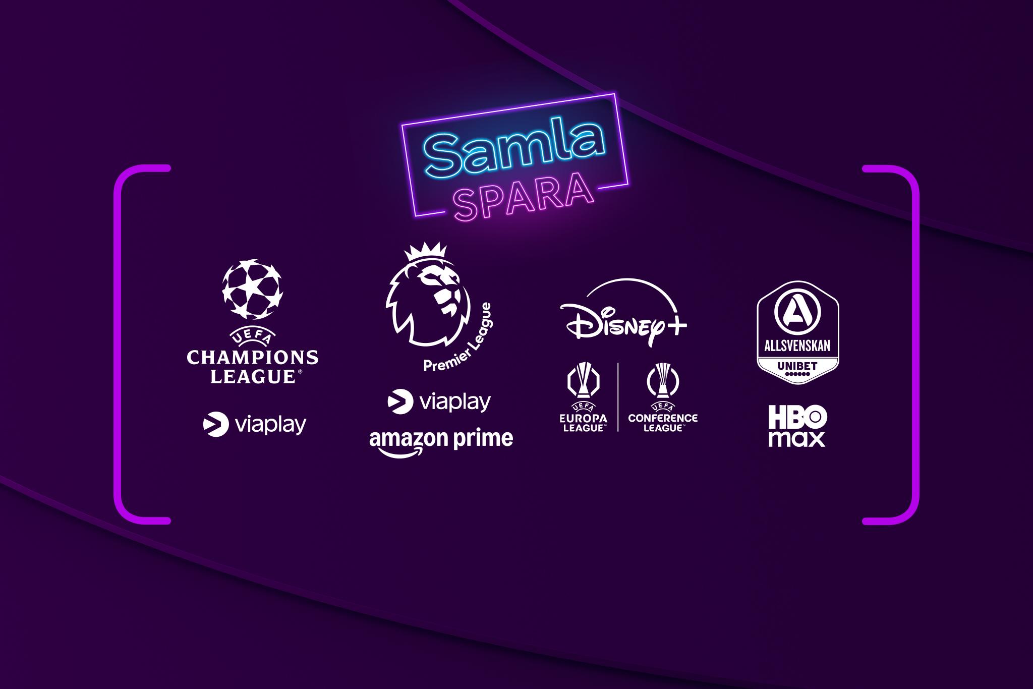Loggor med streamingtjänsterna som ingår i Största sportpaketet: Viaplay, Amazon Prime, Disney+ och HBO Max med dess ligor bredvid en neon-logga med texten: "Samla och spara".