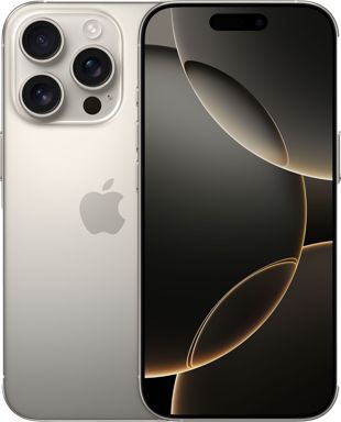 iPhone 16 Pro, i färgen naturligt titan, fram och baksida
