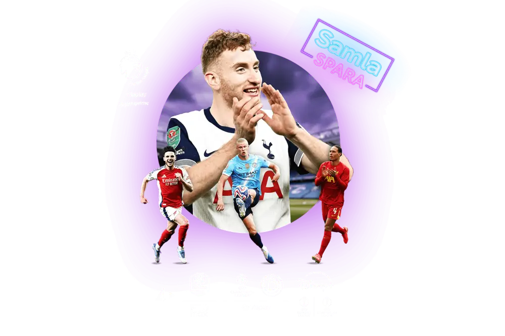 Loggor med streamingtjänsterna som ingår i Stora sportpaketet: Viaplay, Amazon Prime, Disney+ och HBO Max med dess ligor bredvid, fotbollsspelaren Dejan Kulusevski i mitten och en neon-logga med texten: "Samla och spara" ovanför.